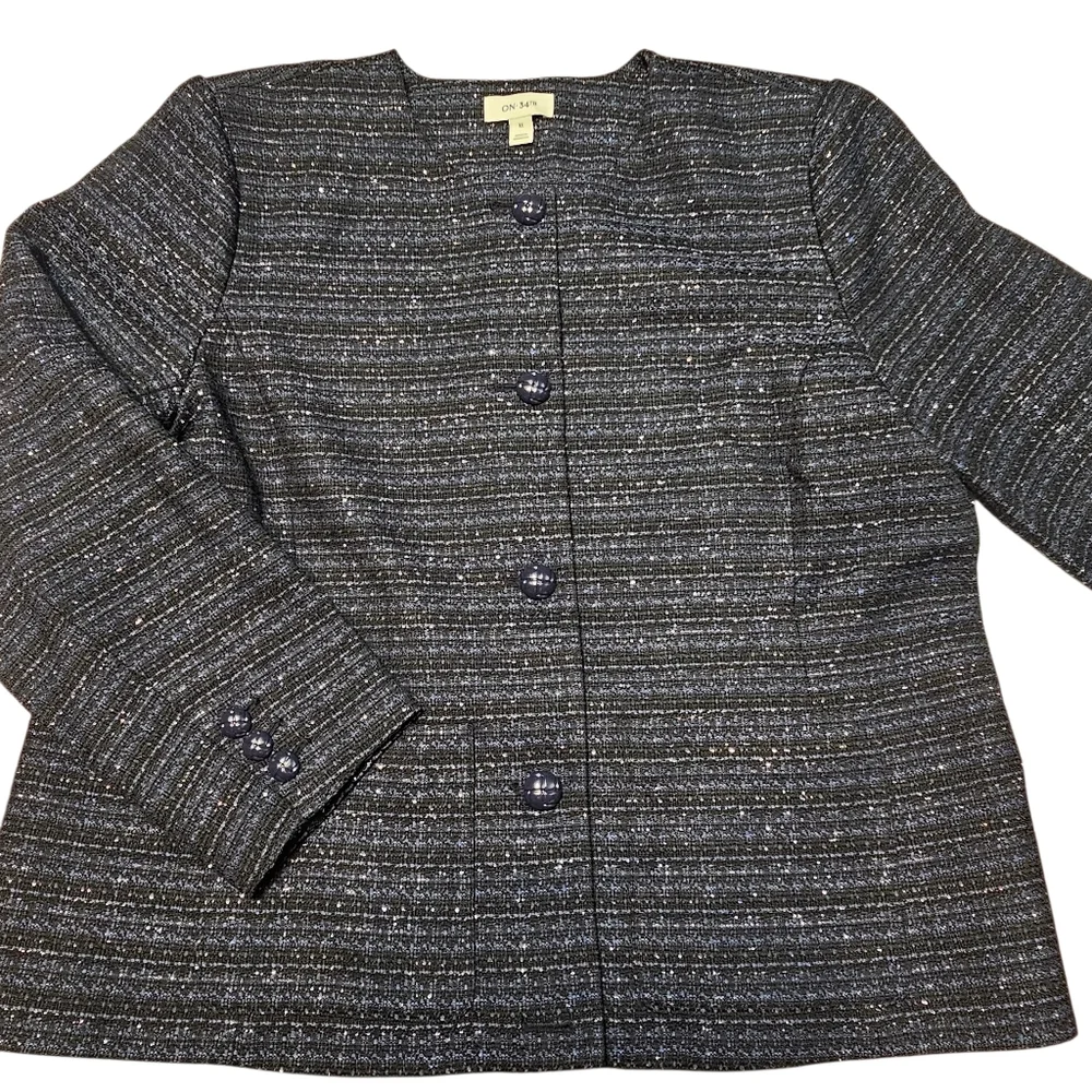 On 34Th Blue Metallic Tweed Collarless Pockets Blazer Womens Jacket Size XL